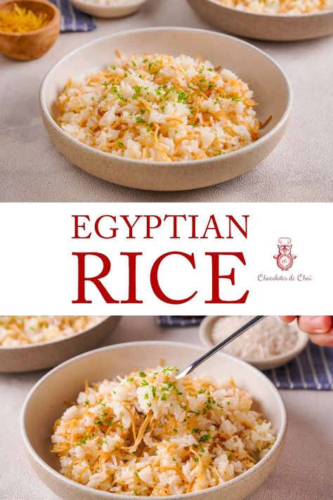 Egyptian rice رز بالشعرية (roz bel shareya) is one of the staples of Egyptian cuisine. This popular rice cooked with vermicelli noodles is a hearty dish that pairs wonderfully with many recipes, but is typically eaten alongside meat (such as lamb) or vegetables. Rice With Vermicelli, Egyptian Dishes, Egyptian Rice, Egyptian Recipes, Egypt Food, Arabian Food, Recipes Rice, Egyptian Food, Potato Rice