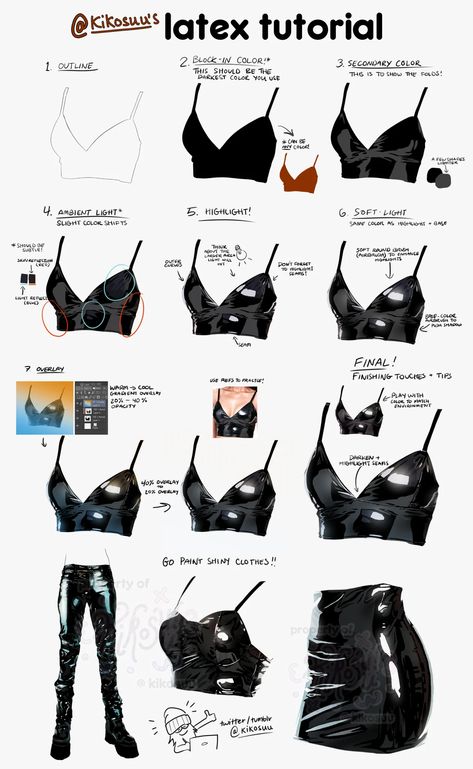 KIKO★ on X: "here's an actual step by step for painting latex/shiny clothes! thank you so much for all the love on the original post <3 #arttips #digitalart https://t.co/9pbdxlnX2E" / Twitter Digital Painting Techniques, Digital Art Beginner, Clothing Design Sketches, Coloring Tutorial, Shiny Clothes, Digital Painting Tutorials, Anime Drawings Tutorials, Drawing Clothes, Art Tutorials Drawing