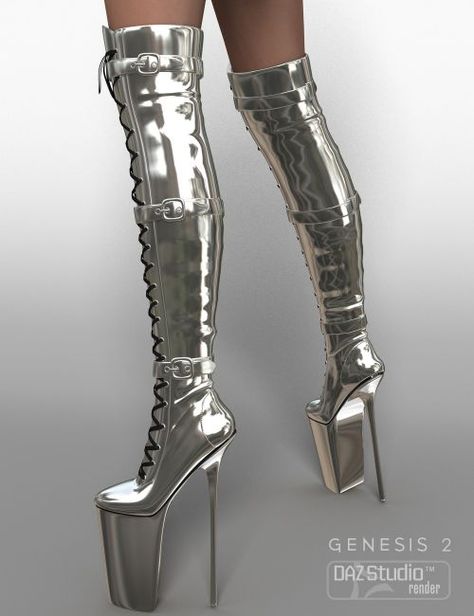 Nixtreme Boots 4 for Genesis 2 Female(s) | Footwear for Daz Studio and Poser Extreme High Heel Shoes, Chrome Heels, High Platform Shoes, Extreme High Heels, High Heeled Boots, Pointy Toe Heels, Thigh High Boots Heels, Foto Poses, Pointed Toe Shoes