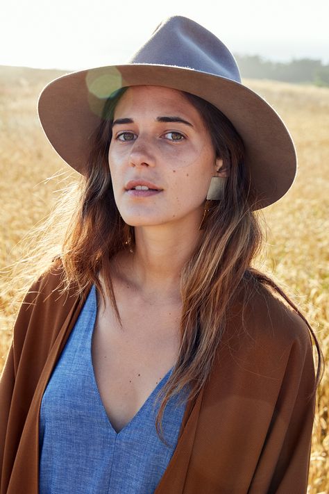 Rachel Craven Long Kimono Jacket in bark wool and V-Neck Cocoon Dress in chambray. Hat by Clyde, earrings by Annie Costello Brown. Modeled by Ally Walsh and photographed by Katrina Dickson at Sea Ranch. Ranch Clothes, Ally Walsh, Long Kimono Jacket, Annie Costello Brown, Sea Ranch, Cocoon Dress, Kimono Duster, American Denim, Bacardi