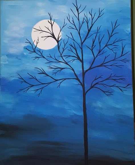 Tree And Moon Drawing, Monochromatic Painting Ideas, Tree Painting Easy, Monochromatic Painting, Tree Moon, Fall Tree Painting, Tree Painting Canvas, Night Sky Painting, Silhouette Painting