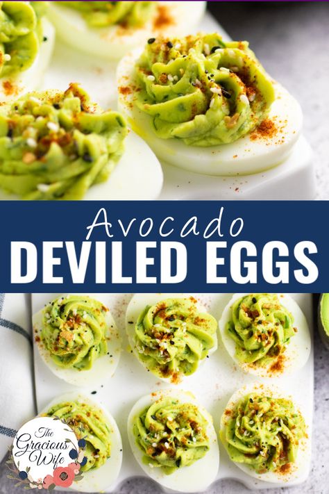 These Avocado Deviled Eggs are a tasty twist on the classic, adding creamy, buttery avocado and fresh lime juice and cilantro for a no-mayo, light and bright alternative to traditional deviled eggs. Avocado Devilled Eggs, Avocado Stuffed Eggs, Avocado Deviled Eggs Recipe Best, Bacon Guacamole Deviled Eggs, Deviled Avocado Eggs, Avacodo Deviled Eggs Recipe, St Patrick’s Day Deviled Eggs, Deviled Egg Mini Burgers, Deviled Eggs Avocado