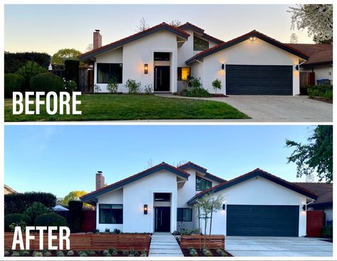 Landscape Makeover, Stucco House Colors, White Stucco House, Stucco House, Black Garage, Exterior House Renovation, Ranch House Exterior, Modern Front Yard, Design For Beginners