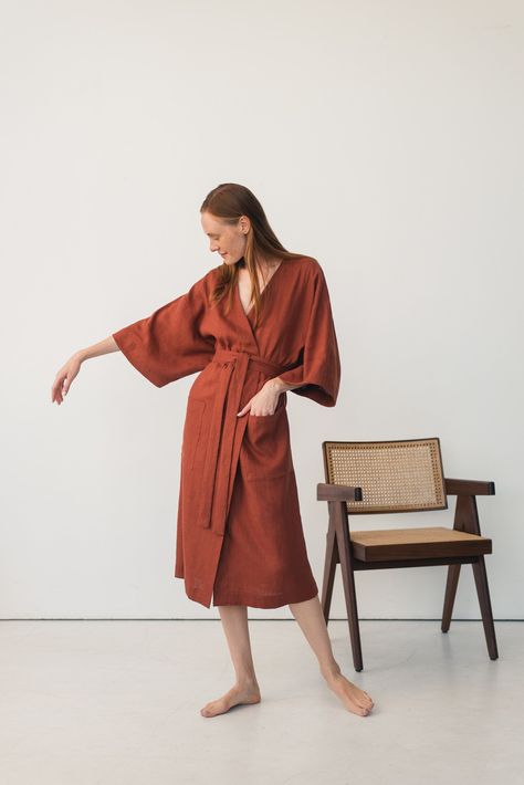 Linen Robe Kimono Bathrobe for Women Dressing Gown Midi - Etsy Lithuania Linen Kimono, Linen Robe, Pajama Robe, Womens Robes, Dressing Gown, Kimono Sleeve, Style Expert, Gowns Dresses, Self Care