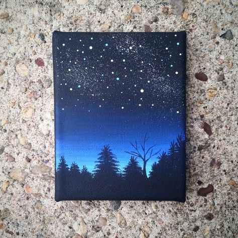 Night Sky Painting, Cute Canvas Paintings, Easy Canvas Art, Soyut Sanat Tabloları, Galaxy Painting, Sky Painting, Acrylic Painting Tutorials, Small Canvas Art, Night Painting