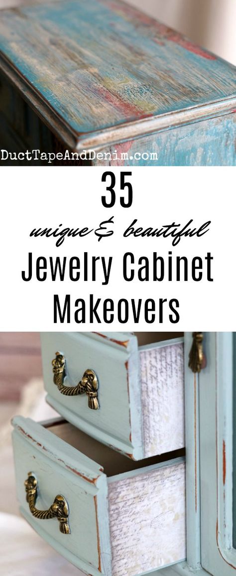 35 Unique and beautiful jewelry cabinet makeovers on DuctTapeAndDenim.com #jewelrycabinetmakeovers #jewelrycabinet #thriftstoremakeovers Boho Jewelry Box Makeover, Shabby Chic Jewelry Armoire, Antique Jewelry Armoire, Chalk Painted Jewelry Boxes, Redone Jewelry Armoire, Large Jewelry Box Makeover, Chalk Painted Jewelry Armoire, Round Top Armoire, Painted Jewelry Armoire Diy