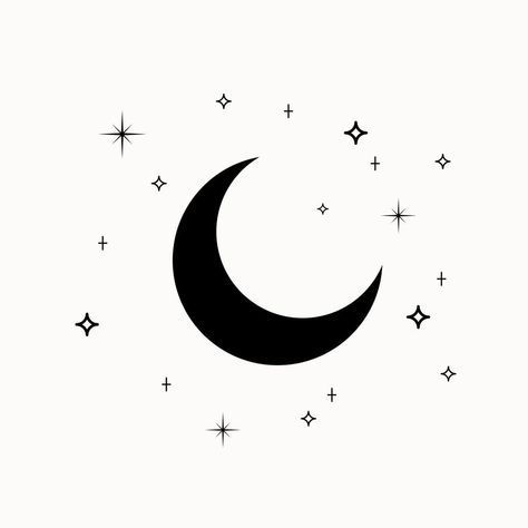 Moon And Stars Silhouette, Moon And Stars Line Art, Crescent Moon With Stars, Black Crescent Moon, Moon With Stars, Star Silhouette, Moon Graphic, Shoe Ideas, Moon Pattern