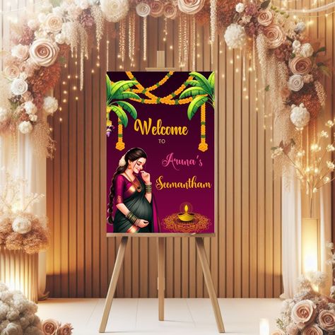 Introducing our adorable baby shower or seemantham, sreemantham welcome sign template! 🍼💖 Get ready to greet your guests with style as we celebrate the imminent arrival of your little bundle of joy. Customize this charming design with your own details and add a sprinkle of sweetness to your event decor! Download now and let the excitement begin! 🎈👣 #indianbabyshower #indianbabyshowerceremony #seemantham #sreemantham #valaikappu #valaikappuceremony #seemanthamwelcomeboard #seemanthamwelcomesi... Seemantham Name Board, Sreemantham Decoration, Seemantham Decoration, Baby Shower Welcome Board, Announcement Pictures, Indian Baby Showers, Baby Announcement Pictures, Baby Shower Invitations Design, Creative Logos