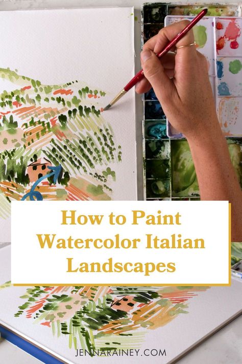 Diy Watercolor Landscape, Tuscany Watercolor Landscape, Watercolor Landscapes Tutorials, Vineyard Watercolor Painting, Italian Landscape Watercolor, Tuscany Watercolor Paintings, Hills Of Tuscany Su, Watercolor Italy Easy, Watercolor Landscape Paintings Tutorials