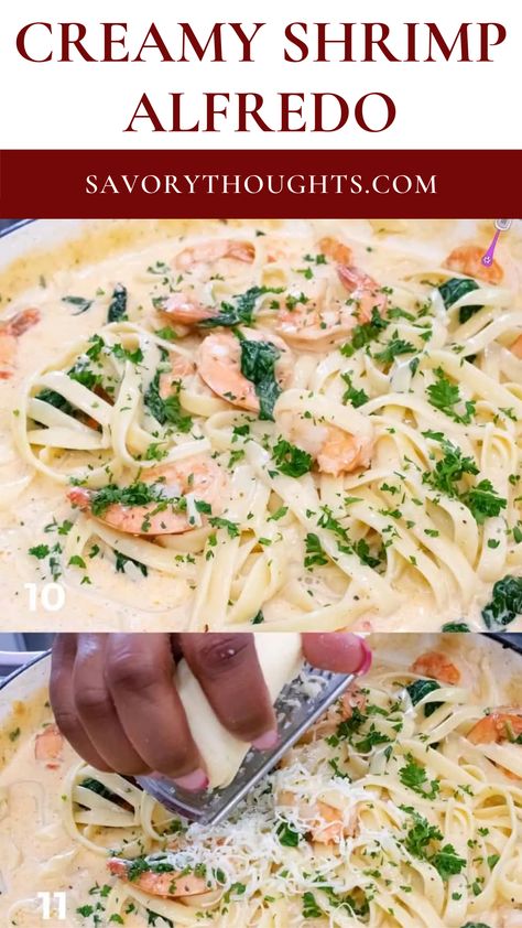 This Creamy Shrimp Alfredo With Spinach is the ultimate comfort meal, with silky sauce piled generously on top of piping hot pasta. It is delicious, addictive and indulging. Shrimp Spinach Alfredo, Shrimp Fettuccine Alfredo With Spinach, Shrimp Alfredo With Spinach, Shrimp And Spinach Pasta, Shrimp Linguini Alfredo, Pasta With Milk, Shrimp Spinach Pasta, Shrimp Cream Sauce, Shrimp Alfredo Pasta Recipes