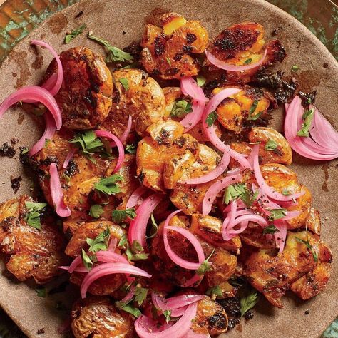 Cooking Light on Instagram: “These crispy smashed potatoes get jazzed up with chermoula and pickled onions for a stunning side dish. Tap the link in our profile, then…” Recipes With Pickled Onions, Shawarma Marinade, Lighter Meals, Perfect Potatoes, Shawarma Seasoning, Shawarma Spices, Red Onion Recipes, Quick Pickled Red Onions, Pickled Onion