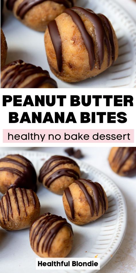 These no bake banana bites with peanut butter taste just like banana bread and only take 10 minutes to prepare. They’re the perfect quick and easy no bake dessert, sweet snack, or portable healthy breakfast. No oats in this recipe! We love to meal prep them for the week, and they are freezer-friendly; no oven required. Healthy Banana And Peanut Butter Recipes, Peanut Butter Chocolate Banana Bites, Peanut Butter Banana Balls, Banana Deserts Recipes Healthy, Healthy Banana Dessert Easy, Peanut Butter And Banana Recipes, Banana No Bake Recipes, Banana Peanut Butter Recipes, Banana Peanut Butter Dessert