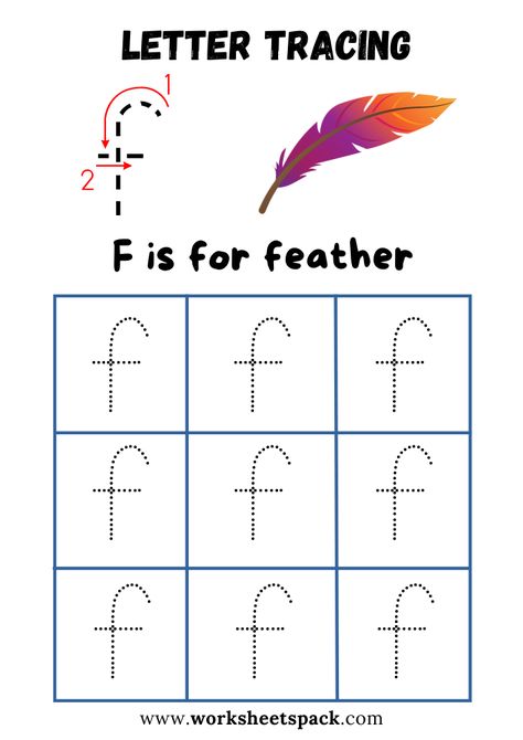 Lowercase Letter F Tracing Worksheet Printable, F is for Feather - Printable and Online Worksheets Pack Letter F Tracing, Letter F Worksheet, F Worksheet, Montessori Worksheets, Feather Printable, Letter D Worksheet, Alphabet Flash Cards Printable, Alphabet Writing Worksheets, Letter B Worksheets