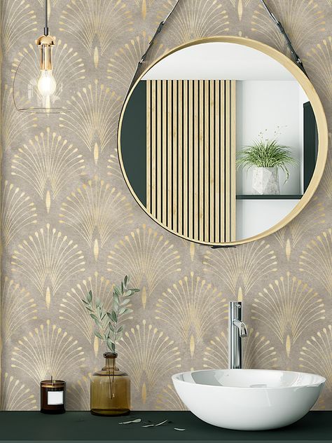 Art Deco Removable Peel and Stick Luxury wallpaper Vintage gold wall mural QUALITY Material: 100% polyester self-adhesive fabric Application: Peel and Stick Formaldehyde-free adhesive Cleaning method: Damp Cloth/Sponge NOTE: Not recommended for use on textured walls The pattern repeats every 24 inches HOW TO MEASURE 1. Measure your wall in inches. 2. Divide the width by 24. If the amount is not a whole number, round up to the nearest whole number. That is the number of rolls you need. 3. Round t Mid Century Modern Bathroom Small Wallpaper, Peel And Stick Wallpaper Art Deco, Wallpaper Bottom Half Of Wall Bathroom, Vintage Glam Wallpaper, Timeless Wallpaper Bathroom, Stairwell Wallpaper Ideas, Wall Papering Ideas Living Room Art Deco, Art Deco Wall Mural, Art Deco Inspired Bathroom