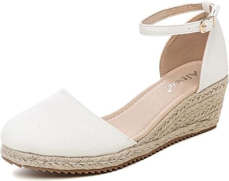 Amazon.com | Altxic Women's Closed Toe Canvas Ankle Strap Espadrilles Wedge Sandals White 7 US | Platforms & Wedges White Wedges, Sandals White, Espadrille Sandals, Espadrilles Wedges, Platform Wedges, Baby Photos, Wedge Sandals, Ankle Strap, Espadrilles