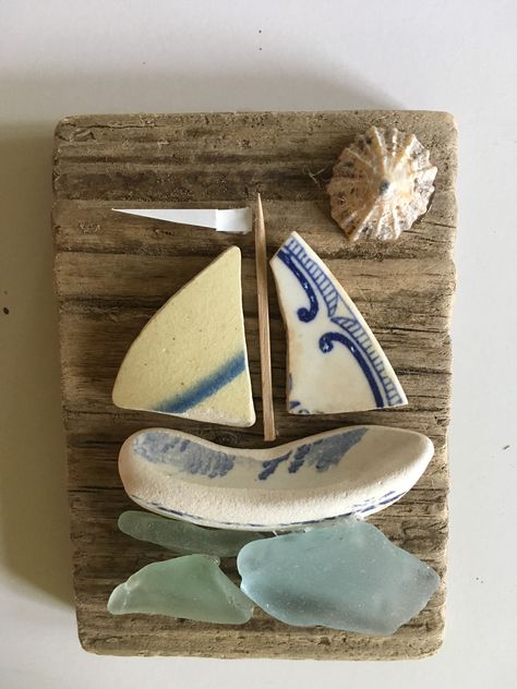 Beach pottery, seaglass & shells on driftwood art Beach Pottery Crafts, Sea Pottery Crafts, Sea Pottery Art, Driftwood Art Ideas, Seaglass Art Ideas, Glass Art Diy, Sea Glass Diy, Sea Glass Art Diy, Deco Marine