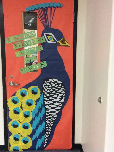 Early Intervention Teacher's Classroom" Teachers Intervening Proudly as a Peacock EIP are in yellow- By my husband  Sauide Peacock Bulletin Board, Peacock Classroom Theme, Peacock Room, Class Themes, Elementary Art Classroom, India For Kids, Christmas Door Decorating Contest, Classroom Decor High School, Classroom Doors