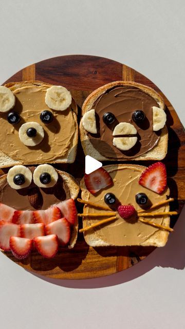 Annie | Home Cook Recipes | Aussie Mum on Instagram: "TOAST ANIMALS 🐻🍓⬇️

🥹 The cutest way to eat toast! I saw these online and I had to try and recreate them! ☺️

😂 Great for kids… or big kids like me who love cute food!

BEAR TOAST 🐻
peanut butter, banana slices, blueberries 

CAT TOAST 🐱
peanut butter, strawberry slices, blueberries, one raspberry, pretzel sticks 

MONKEY TOAST 🐵
chocolate spread, halved banana slices, blueberries 

OWL TOAST 🦉
chocolate spread, banana slices, blueberries, one almond, strawberry slices 

#easyrecipes #cutefood #toast #toddlermeals #toddlersnacks #cutetoast
easy recipes, fun recipes for kids, cute food, toast recipe, cute toast" Bluey Toast For Kids, Easy Food Art For Kids, Toast Animals, Fun Breakfast Ideas For Kids, Animal Toast, Teddy Bear Toast, Fun Recipes For Kids, Cat Toast, Toast Chocolate