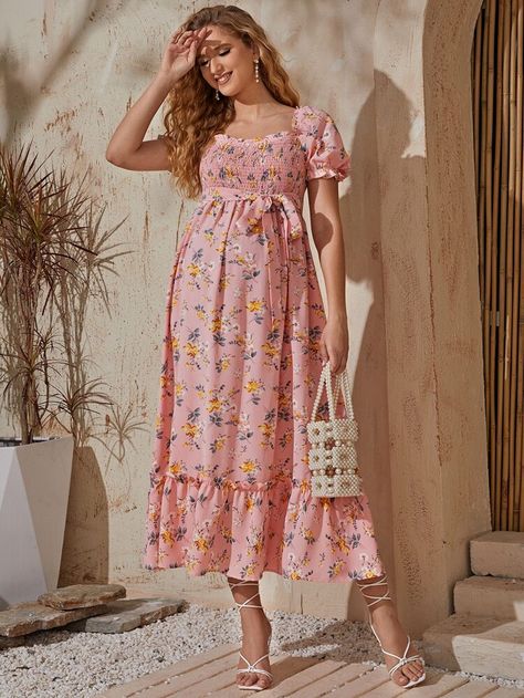 SHEIN Maternity Allover Floral Print Puff Sleeve Shirred Detail Belted Dress | SHEIN Fancy Maternity Dresses, Pregnant Dresses, Materials Gown Style, Cute Maternity Dresses, Navy Prom Dresses, Shein Maternity, Gown Party Wear, Dresses For Pregnant Women, Casual Frocks