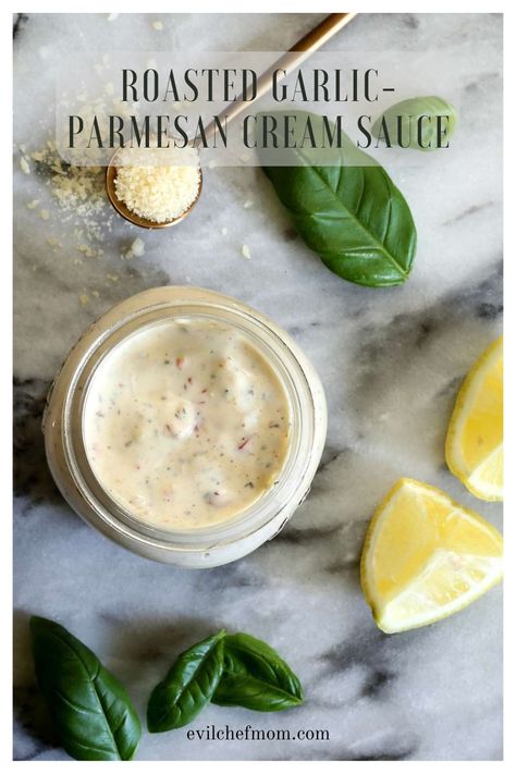 Roasted Garlic-Parmesan Cream Sauce Parmesan Wine Cream Sauce, Garlic Cream Sauce Pasta, Easy Creamy Sauce, Roasted Garlic Cream Sauce, Rosemary Sauce, Italian Seasoning Recipe, Cream Sauce Pasta, Sauces Recipes, Veggie Skewers