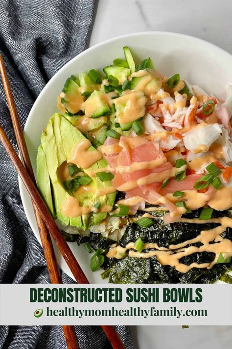 Sushi Bowl No Rice, Deconstructed Sushi Bowl, Sushi Bowl Healthy, Deconstructed Sushi, California Sushi Bowl Recipe, Deconstructed Sushi Bowl Crab, Sushi Bowl With Cauliflower Rice, Sushi Bowl Crab Meat, Spicy Crab Sushi Bowl Recipe