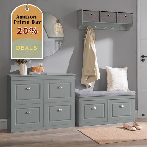 Shoe bench will have 20% discount😍 Grey Storage Bench, Shoe Storage Cupboard, Shoe Organizer Entryway, Wood Shoe Storage, Bench With Drawers, Shoe Rack Entryway, Grey Storage, Entryway Shoe, Hallway Storage