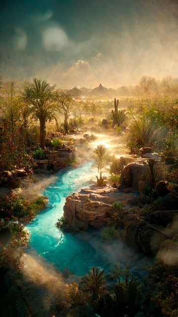 Fantasy Desert Oasis, Hidden Oasis, Magical Landscape, Relaxing Nature, Desert Oasis, Fire Nation, Earth Art, Ex Machina, Fantasy Concept Art