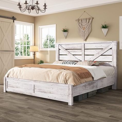 Amazon.com: AMERLIFE King Size Farmhouse Bed Frame with 49.2" Barn Door Headboard, Platform Bed Frame with Wood Slats, Under Bed Storage Space, Easy Assembly, Noisy Free, Distressed White : Home & Kitchen Barn Door Headboard, Farmhouse Bed Frame, Headboard Platform Bed, Farmhouse Style Bedding, Farmhouse Headboard, Door Headboard, Farmhouse Bed, Classic Bed, Farmhouse Bedding