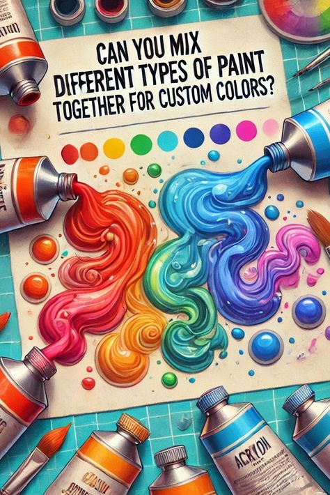 Colorful paint tubes and blended swirls illustrating custom color mixing, asking, "Can you mix different types of paint together for custom colors?" Mixing Acrylic Paint Colors Chart, Paint Mixing Chart, Blending Paint, Paint Together, Color Mixing Guide, Mixing Paint Colors, Types Of Paint, Different Types Of Painting, Tips For Artists