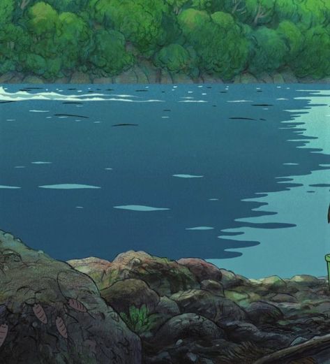 Water Ghibli, Studio Ghibli Ocean, Studio Ghibli Water, Anime Lake, Ghibli Landscapes, Ghibli Water, Epq Ideas, Ocean Animation, Ghibli Nature