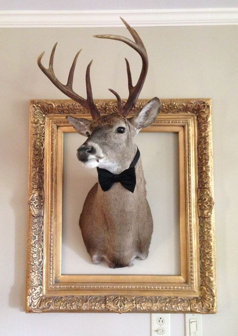 Frame the deer head with gold frame and bow tie Deer Heads Living Room, Deer Mount Decor, Deer Head Decor, Faux Deer Head, Deer Head Wall Decor, Taxidermy Decor, Antlers Decor, Deer Mounts, Taxidermy Art