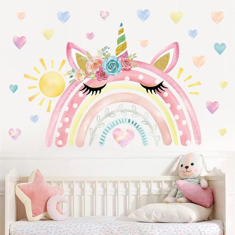 Pastel Unicorn Bedroom, Boho Rainbow Wall Decor, Unicorn Rainbow Room Ideas, Rainbow On Wall Kids Rooms, Girls Rainbow Bedroom Ideas, Rainbow And Unicorn Bedroom, Unicorn And Rainbow Bedroom, Unicorn Room Ideas, Rainbow Theme Bedroom