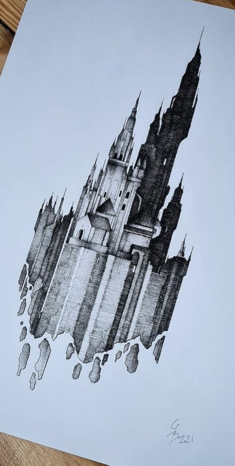 Dream Castle Drawing, Crumbling Castle Tattoo, Castle Aesthetic Drawing, Gothic Castle Drawing, Gothic Church Tattoo, Gothic Castle Tattoo, Tattoo Under Chest, Building Tattoo, Church Tattoo