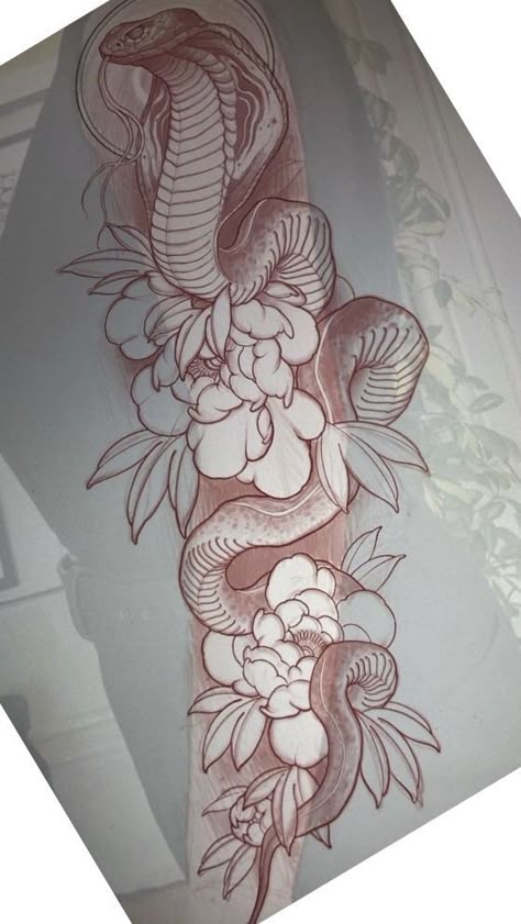 Snake And Flowers, Japanese Snake Tattoo, Neo Tattoo, Snake Drawing, Snake Tattoos, Snake Tattoo Design, Theme Tattoo, Sketch Tattoo Design, Modern Tattoos