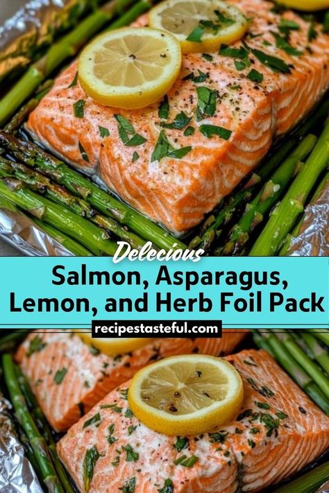 A quick and healthy foil pack dinner featuring perfectly cooked salmon, fresh asparagus, and zesty lemon, all infused with herbs. Ideal for busy weeknights and easy cleanup. Salmon Asparagus Foil, Herb Salmon, Salmon Asparagus, Cooked Salmon, Lemon Garlic Salmon, Salmon In Foil, Garlic Salmon, Garlic Herb Butter, Salmon And Asparagus