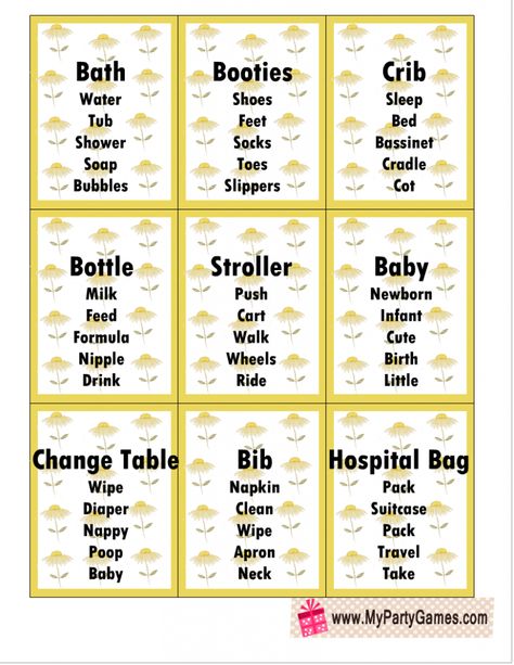 36 Free Printable Baby Shower Taboo Game Cards 30 Seconds Game Cards, Baby Shower Charades, Taboo Cards, Taboo Words, Baby Shower Quiz, Babby Shower, Taboo Game, Modern Baby Shower Games, Free Printable Baby Shower Games