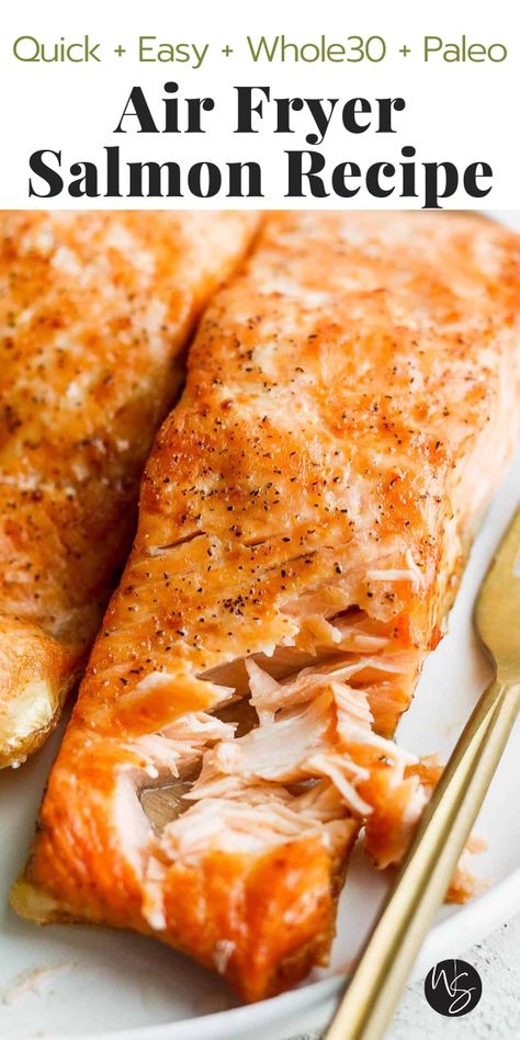 This quick and easy Air Fryer Salmon recipe will give you perfectly tender salmon fillets every single time! Whether you keep this easy salmon recipe simple with salt and pepper or amp up the flavor with our Salmon Seasoning or Salmon Marinade, it is a great option for an easy weeknight meal! Air Fryer Salmon - a super simple air fryer salmon recipe that only requires 3 ingredients and about 10-15 minutes! Whole30, Paleo, Dairy-Free and Gluten-Free. Whole Salmon Recipe, Best Air Fryer Salmon, Easy Air Fryer Salmon, Fried Salmon Recipes, Salmon In Air Fryer, Air Fryer Recipes Salmon, Air Fryer Salmon, Frozen Salmon, Best Air Fryer