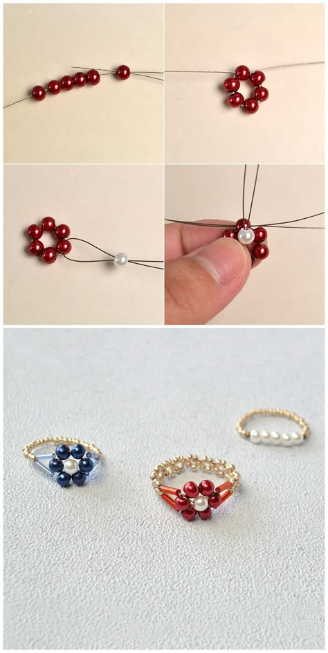 Beads Flowers Tutorial, Flower Ring Beads, Pearl Beads Ideas, Diy Pearl Rings, Cincin Diy, Anting Manik, Diy Beaded Rings, Diy Jewelry Rings, Flower Rings