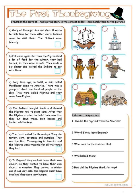 The First Thanksgiving - English ESL Worksheets Thanksgiving Crossword, Thanksgiving Reading Comprehension, Thanksgiving Readings, Teaching Thanksgiving, The First Thanksgiving, Thanksgiving History, Thanksgiving Stories, Thanksgiving Worksheets, Thanksgiving Classroom