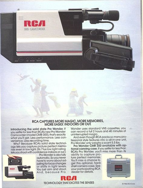 RCA Camcorder ad from 1986 | RCA Camcorder back when you cou… | Flickr 1980s Ads, Jay Merrick, Vhs Camcorder, 80s Images, Obsolete Technology, 80s Ads, Film Cam, 80's Theme, Pizza Boy