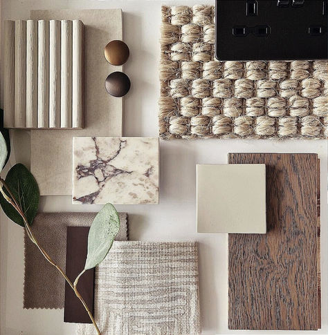 An important part of interior design planning is a mood board that will help you visualise your ideas. Creating contrasting textures with a carpet is a great way to design a modern living room. Our woven sisal carpet from the Divine collection offers 7 neutral colours that will beautifully match the interior decor of your home. Head to our website to order free samples. Mood board designed by Claire Ackworth (@claire_ackworth on Instagram) Home Textures Interior Design, Organic Modern Sample Board, Living Room Sample Board, High End Residential Interiors, Interior Materials Board, Living Room Material Board, Interior Sample Board, Neutral Material Board, Neutral Home Mood Board