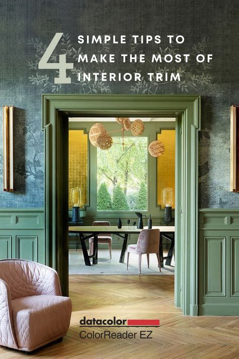 From ample and ornate to modern and simple and everything in between, interior trim varies in all homes. When it's time to update yours, consider staining, painting, and several other tips, courtesy of the ColorReader EZ. Two Tone Wall And Trim, France Apartment, Green Interior Design, Casas Coloniales, Green Walls, Green Interiors, Green Rooms, Interior Trim, Green Tones