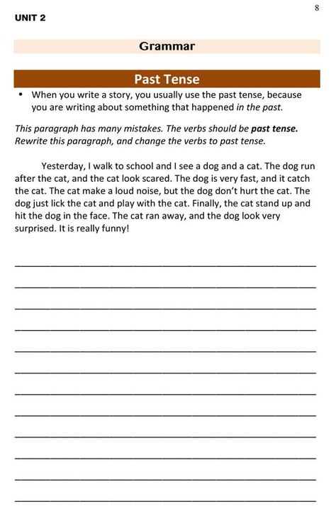 ESL Beginner Writing: Past Tense Error Correction Worksheet - Paragraph Writing Worksheets, Paragraph Worksheets, Tense Worksheet, Past Tense Worksheet, Esl Writing, Tutoring Ideas, Esl Ideas, Tenses Grammar, Direct Speech