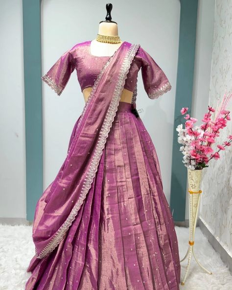 🏃‍♀️new launching lehenga🏃‍♀️ *Lehenga Fabric*:- Pure Dual tone Tissue silk with Beautifully embroidered butti with fine finishing Pleated *lehenga Waist*:- 42, *Length*:- 42” *Blouse Fabric*:- Pure dual tone Tissue silk with Beautifully embroidery butti with designer Cutwork Sleeves and Designer back *Dupatta* :- Premium Quality dual Tone tissue silk with embroidery sequince work and fine finishing Cutwork *Length*:- 2.5mt *price:1280+ shipping* *Quality assured* ** available* Tissue Half Saree Designs, Tissue Lehenga Designs, Tissue Half Saree, Tissue Silk Lehenga, Embroidery Butti, Tissue Lehenga, Cotton Lehenga Choli, Pleated Lehenga, Zip Stitching