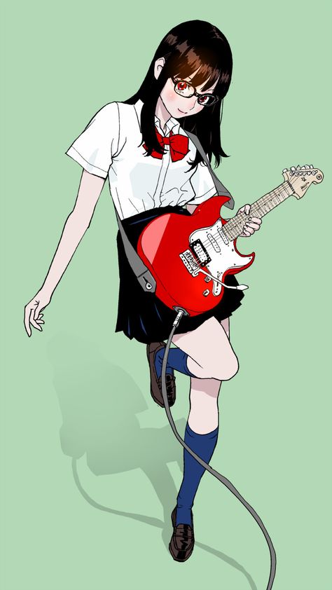 Safebooru - 1girl black hair blue legwear bow bowtie cable collared shirt electric guitar glasses green background guitar highres holding holding instrument instrument kneehighs leg up loafers long hair looking at viewer music original peco (pockleberry) pleated skirt red eyes school uniform shirt shoes skirt smile solo | 3780406 Manga Guitarist, Electric Guitar Pose Reference, Electric Guitar Pose, Holding Guitar Pose Drawing, Guitarist Pose, Pose With Guitar, Background Guitar, Guitar Pose, Holding Guitar