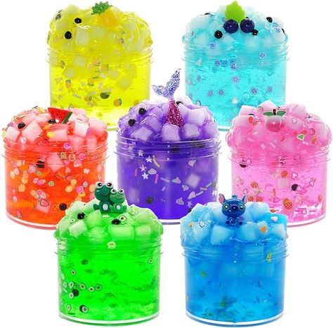 7 Pack jelly cube crunchy slime kit with Baby blue Purple red green and blue colors and charms.
Fun to play with. It has a great feel and is not sticky.
Good slime , great texture , the add in’s were easy to use , they smell great, this would be a good gift, not messy and they are portable .
Easy to store, please put it back in the jar when you're not playing. Don't eat, it is recommended for children over 6 years old Jelly Cube Slime, Slime Party Favors, Crunchy Slime, Slime Crunchy, Slime Party, Slime For Kids, Slime Kit, Clear Slime, Slime