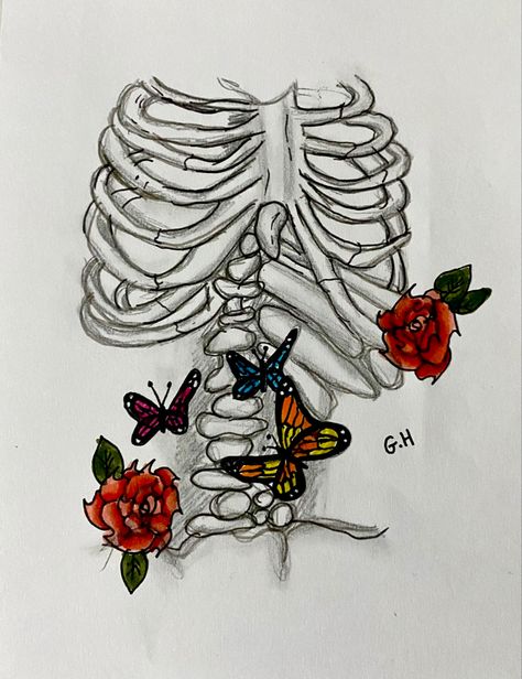 Rib Cage Drawing, Stomach Drawing, Guitar Art Project, Drawing Feelings, Butterfly Sketch, Skeleton Drawings, Butterflies In My Stomach, Cool Pencil Drawings, Minimalist Tattoos