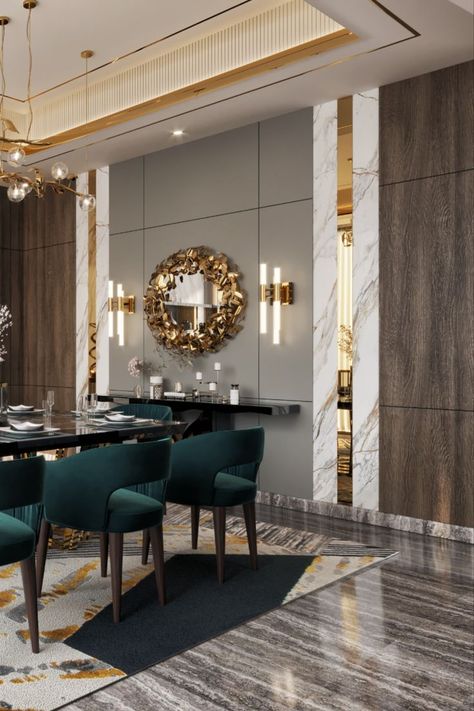 Gold accent dining room Luxury Dining Room Decor, Dining Room Design Luxury, Dining Area Design, Dining Room Design Modern, Luxury Dining Room, Contemporary Furniture Design, Contemporary Dining Room, Living Room Ceiling, Luxury Dining