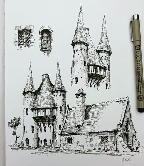 Midevil Houses Concept Art, Fantasy Building Drawing, Architecture Drawing Exercise, Fantasy City Sketch, How To Draw Environments, Easy Building Sketches, How To Draw A Building, Place Sketch, Drawing Structure