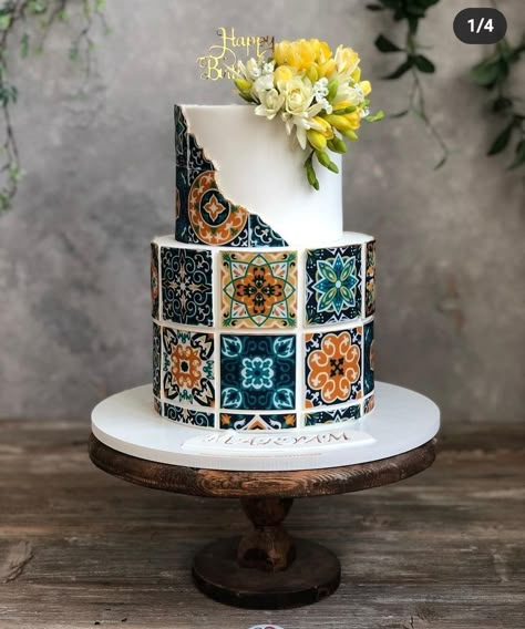 Tile Cake, Moroccan Cake, Edible Print Cake, Rose Cake Design, Eid Cake, Cricut Cake, Unique Birthday Cakes, Creative Cake Decorating, Cat Cake